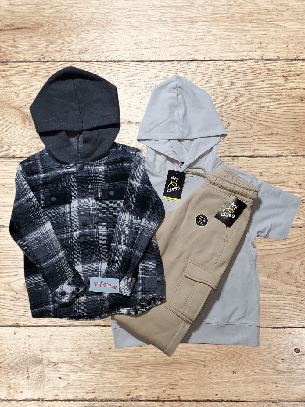 Boys Beige Cargo Joggers, Gray Plaid Hooded Flannel & Short Sleeve Hoodie Set